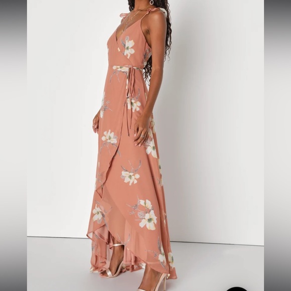 Lulu’s Taupe & Cream All Mine Rusty Rose Floral High-Low Slit Wrap Dress NWT XS - Picture 5 of 16